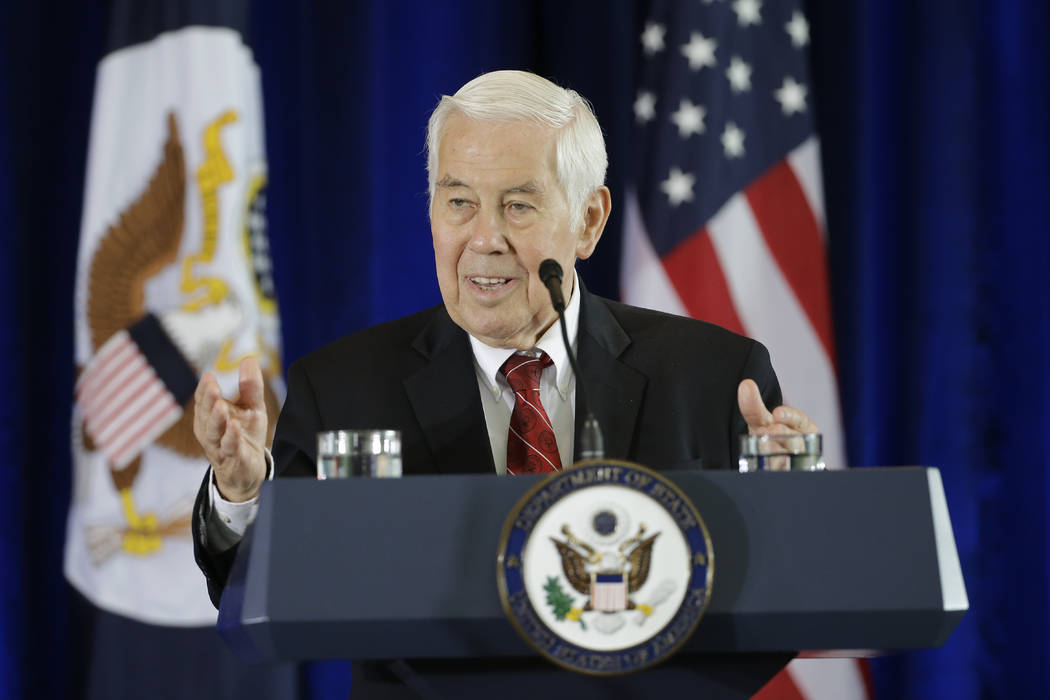 Former GOP Senator Richard Lugar introduces Secretary of State John Kerry for a speech in supp ...