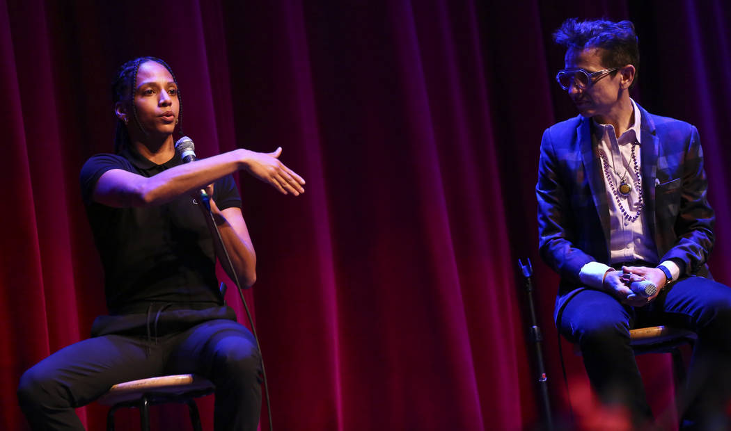 Janaya Khan, co-founder of Black Lives Matter Canada, left, speaks alongside Masha Gessen, staf ...