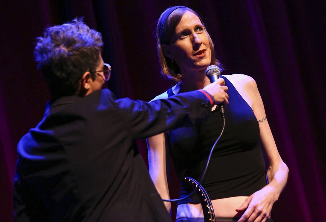 Jill Soloway, left, talks with performing artist and actress Delia Rawdon during "UPROAR,& ...