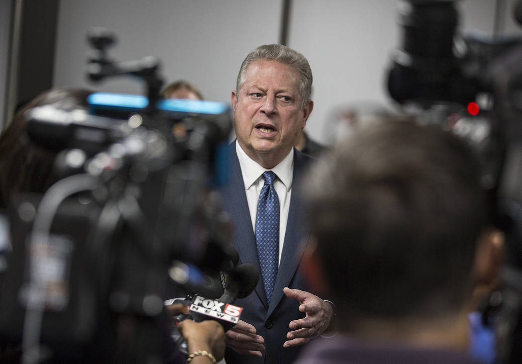 Former U.S. Vice President Al Gore addresses the media after meeting with UNLV's solar decathlo ...
