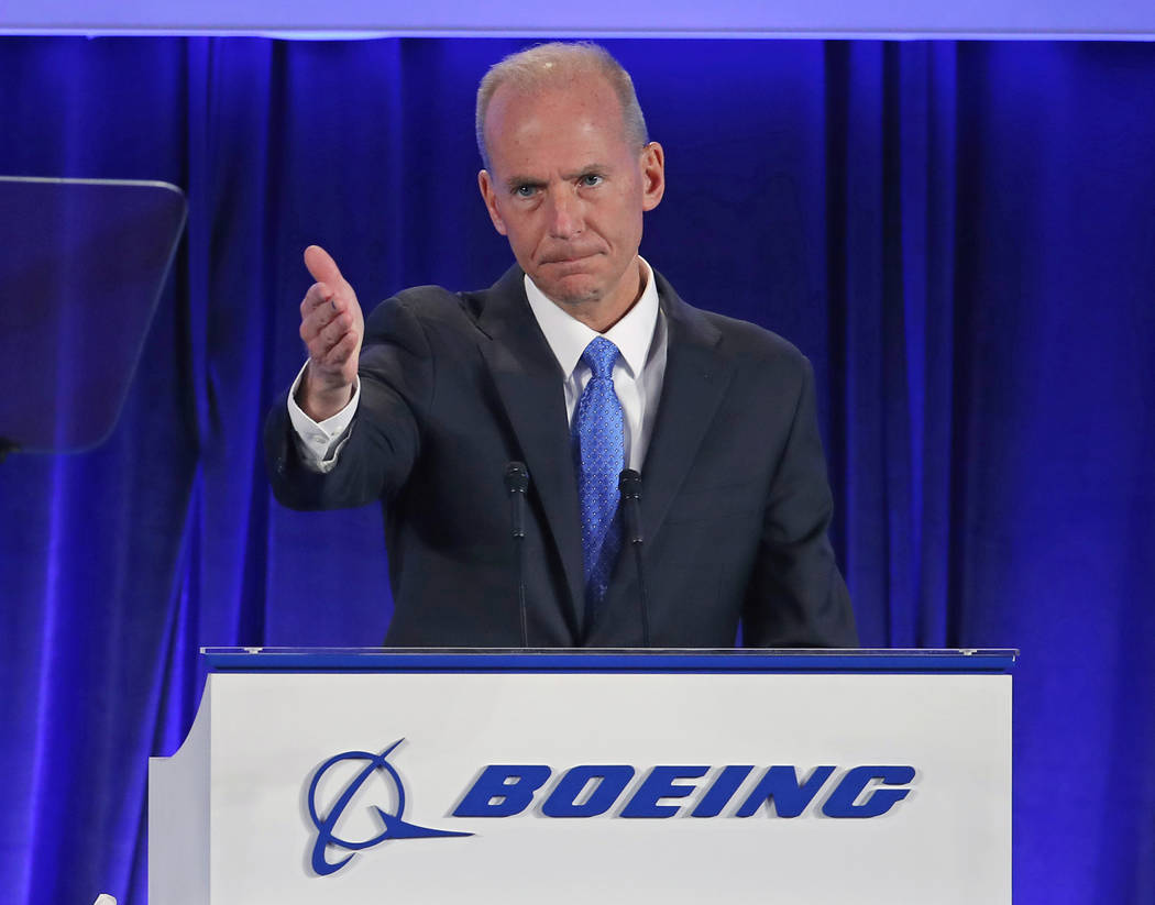 Boeing Chief Executive Dennis Muilenburg speaks during their annual shareholders meeting at the ...