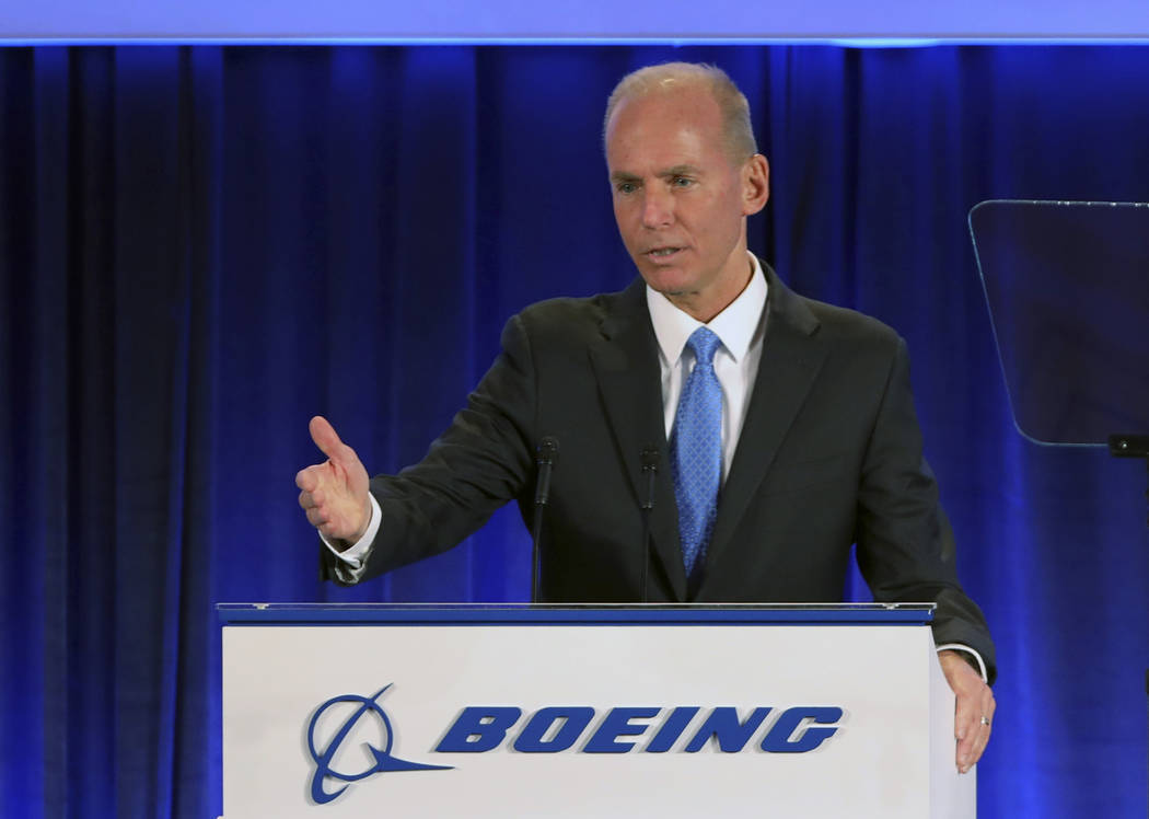 Boeing Chief Executive Officer Dennis Muilenburg speaks at the Boeing Annual General Meeting in ...