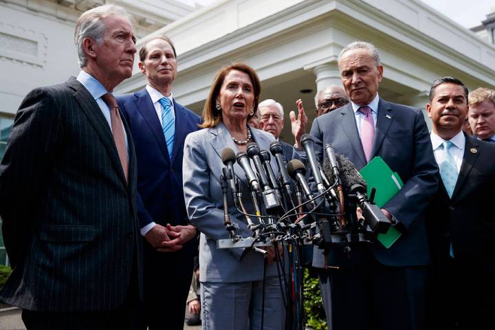 Speaker of the House Nancy Pelosi of Calif., talks with reporters after meeting with President ...