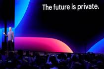 Facebook CEO Mark Zuckerberg, left, makes the keynote speech at F8, the Facebook's developer co ...