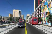 Rendering of what the light rail could look like traveling in Downtown Las Vegas on Carson Aven ...