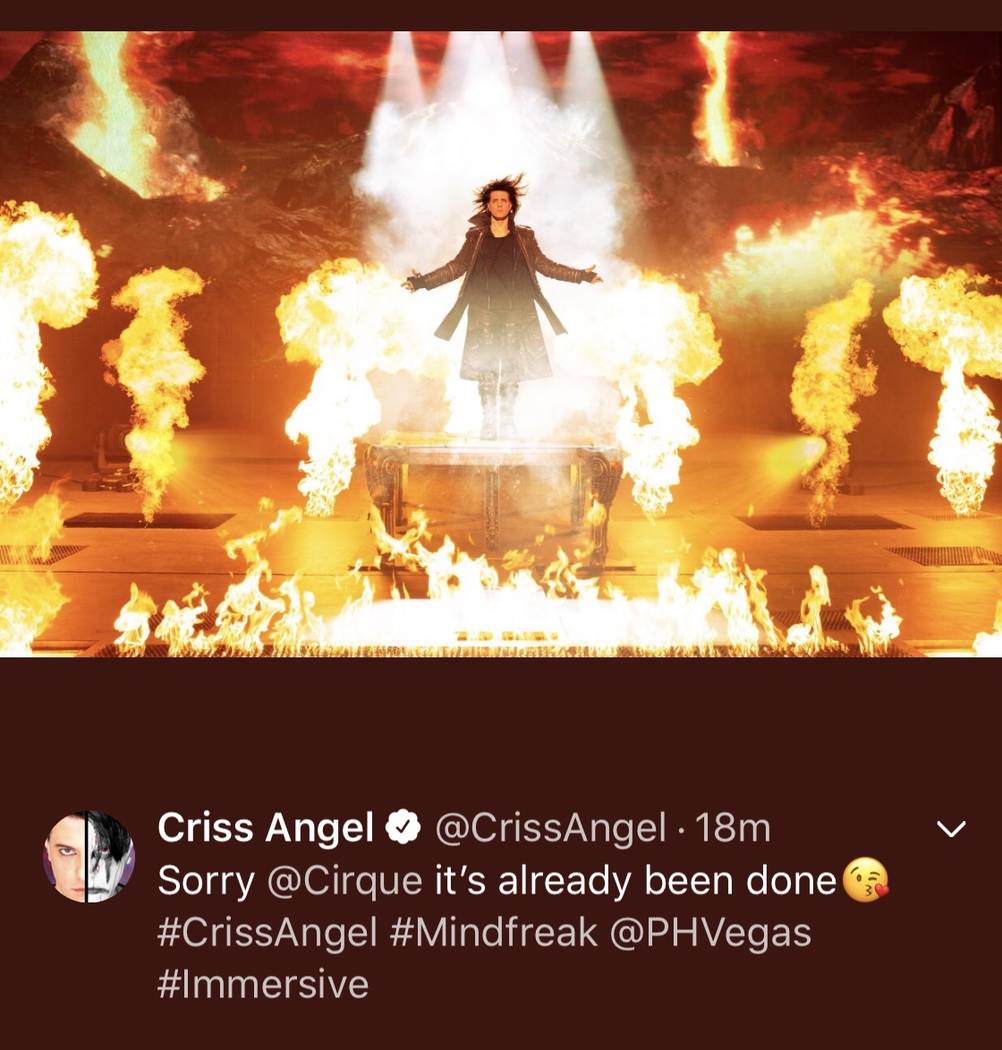 Criss Angel's Twitter and Instagram message Tuesday to Cirque du Soleil, which was his producti ...