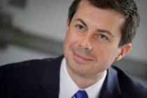 Democratic presidential candidate Mayor Pete Buttigieg, from South Bend, Indiana, listens durin ...