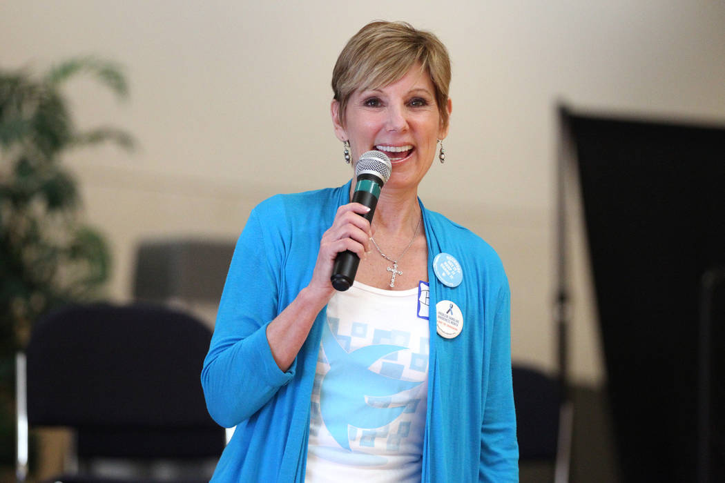 Bea Aikens speaks during the National Problem Gambling Awareness Month event at the East Las Ve ...