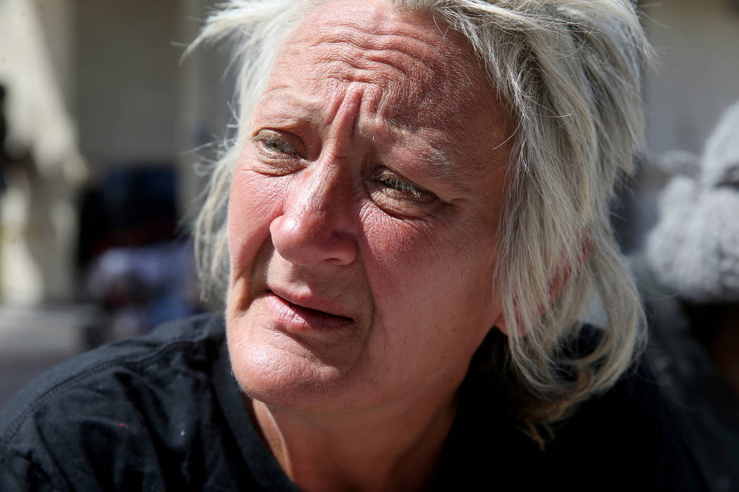 Natoma Zagala, 53, talks to a reporter at the City of Las Vegas Courtyard Homeless Resource Cen ...