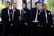 This May 8, 2009 file photo shows members of New Kids on the Block, from left, Joey McIntyre, D ...