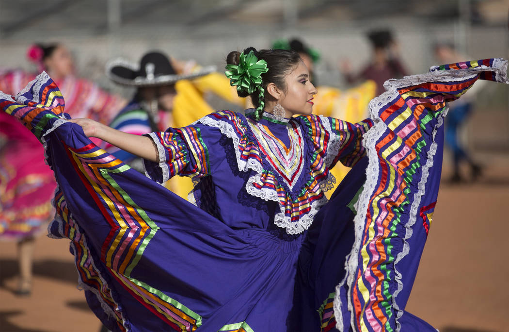 Mariajose Valdez, a dancer with Federacin de Poblanos en Las Vegas performs during a Cinco de M ...