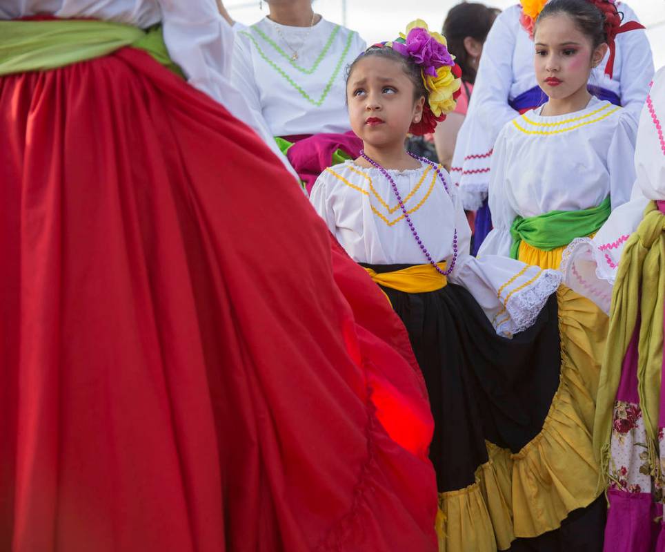 Dancer Jaylah Ibarra, center, with Federación de Poblanos en Las Vegas get ready to go on stag ...