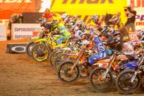 450SX Supercross riders take off at the start of the Monster Energy AMA Supercross 450SX champi ...