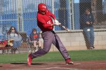Arbor View's Jacob Scioli (16) connects for a single against Carson in the baseball game at Cen ...
