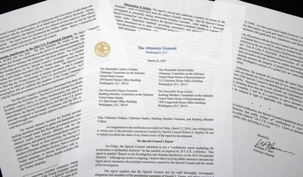 A copy of a letter from Attorney General William Barr advising Congress of the principal conclu ...
