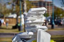 White styrofoam used food containers stacked in trash can in park (Getty Images)