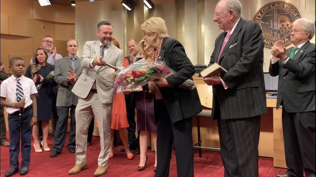 Las Vegas Mayor Carolyn Goodman is presented with a plaque from The Meadows School Head of Scho ...