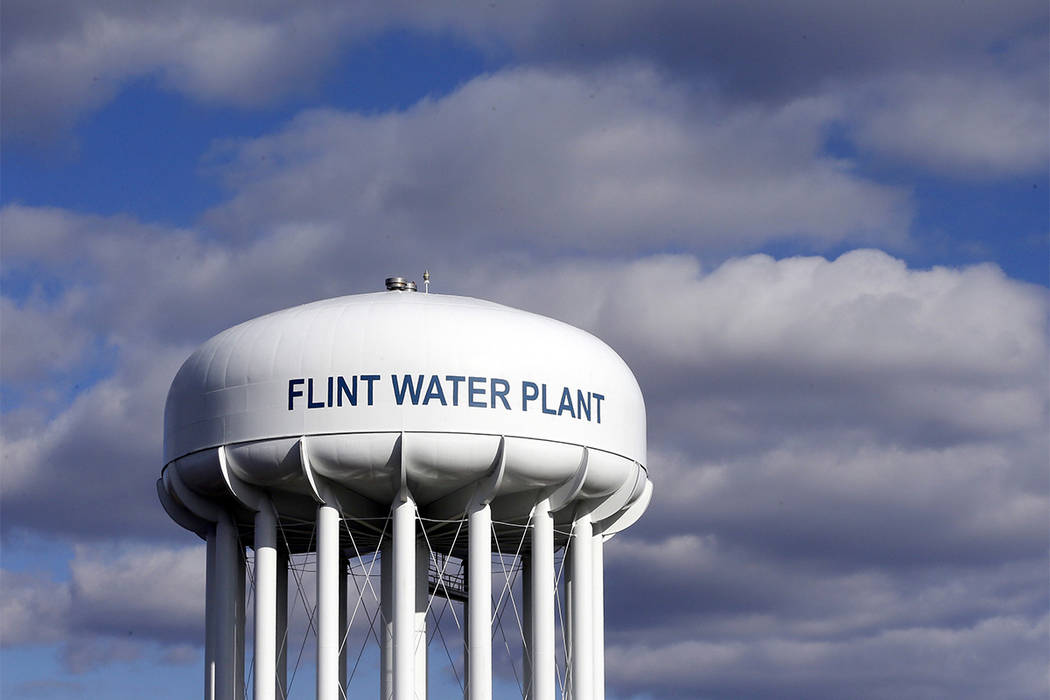 The Flint Water Plant water tower is seen in Flint, Michigan. (Carlos Osorio/AP)