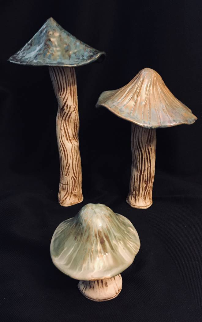 Ceramic mushrooms by Anne Gravett on display in her exhibit “Fire & Fiber" at Boulder City Ar ...