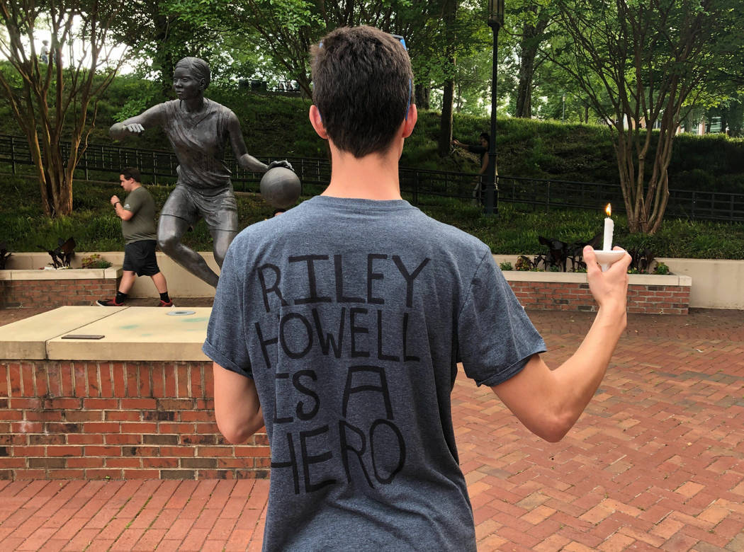 David Belnap, a sophomore at the University of North Carolina at Charlotte, displays a t-shirt ...