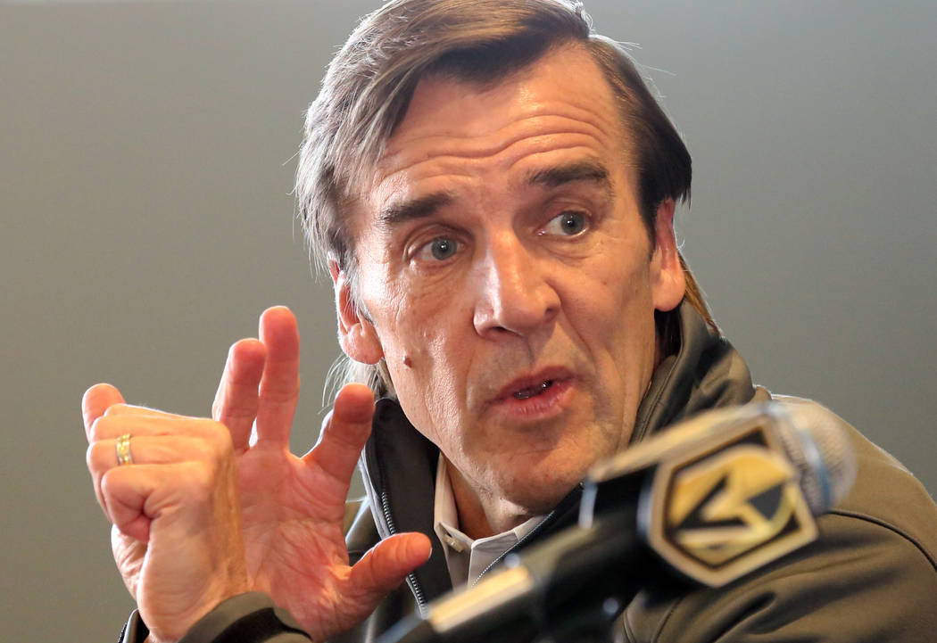 Golden Knights president of hockey operations George McPhee speaks at City National Arena durin ...