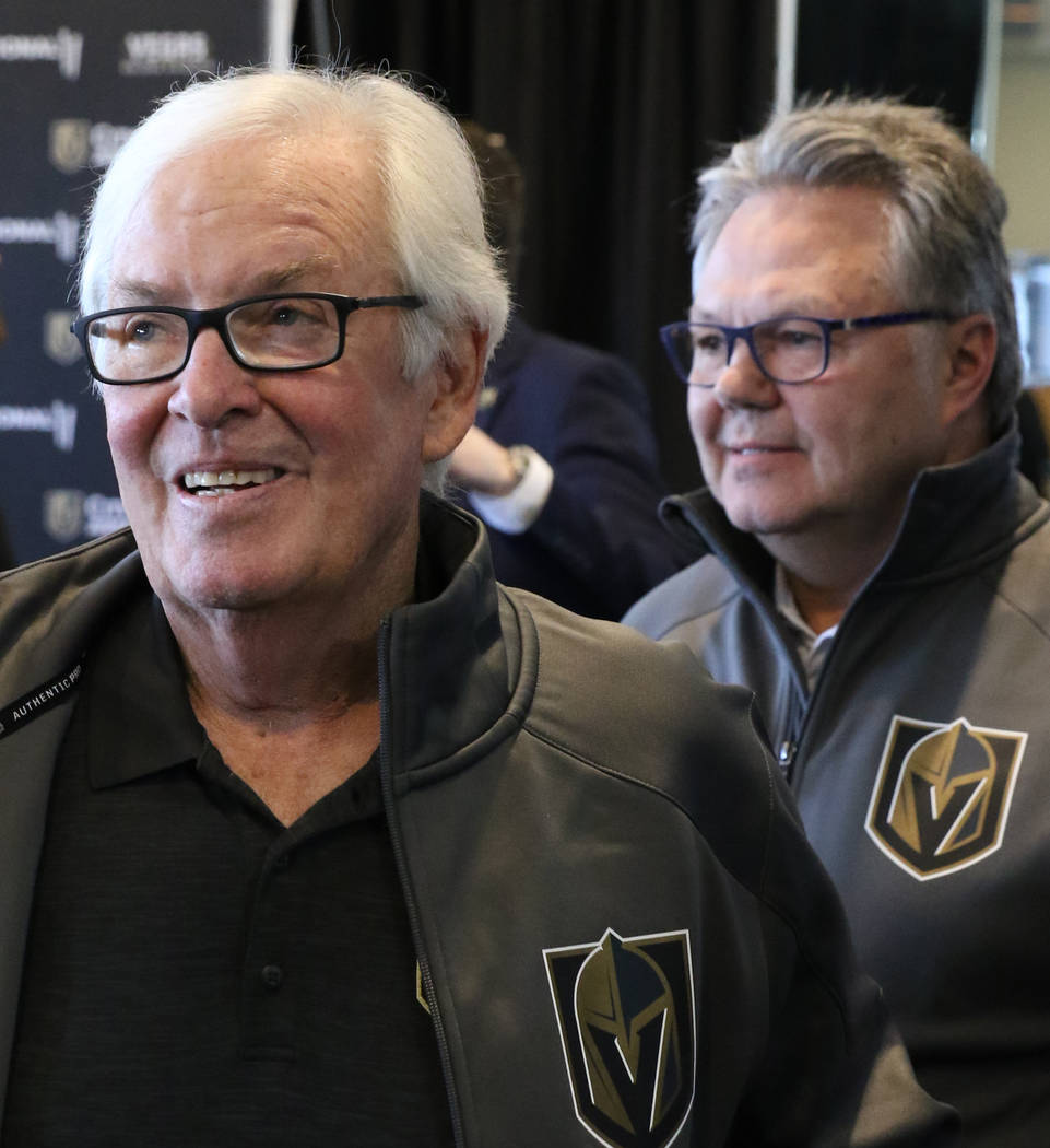 Golden Knights owner Bill Foley, left, and Kelly McCrimmon, the new general manager, leave the ...