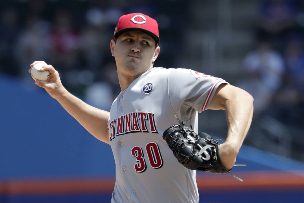 Cincinnati Reds starting pitcher Tyler Mahle throws a pitch to New York Mets' Jeff McNeil durin ...