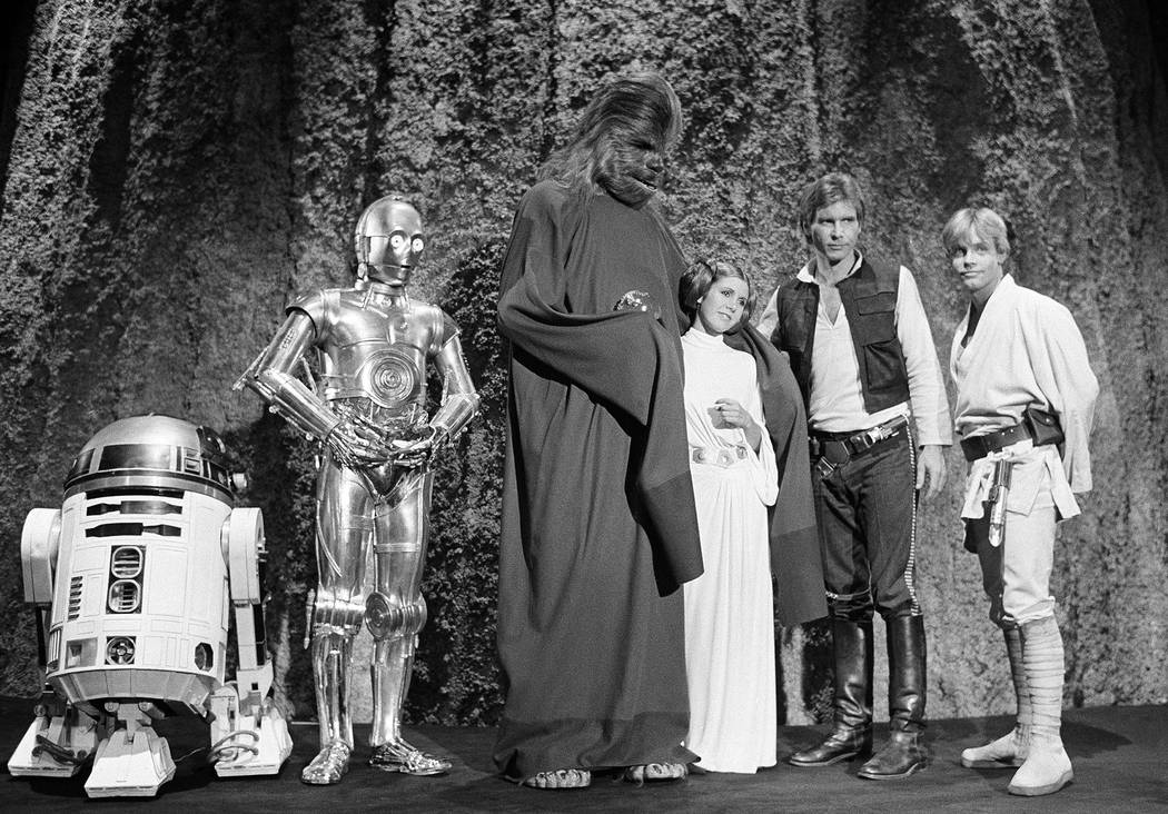In this Nov. 13, 1978 file photo, shows, from left, Kenny Baker, Anthony Daniels, Peter Mayhew, ...