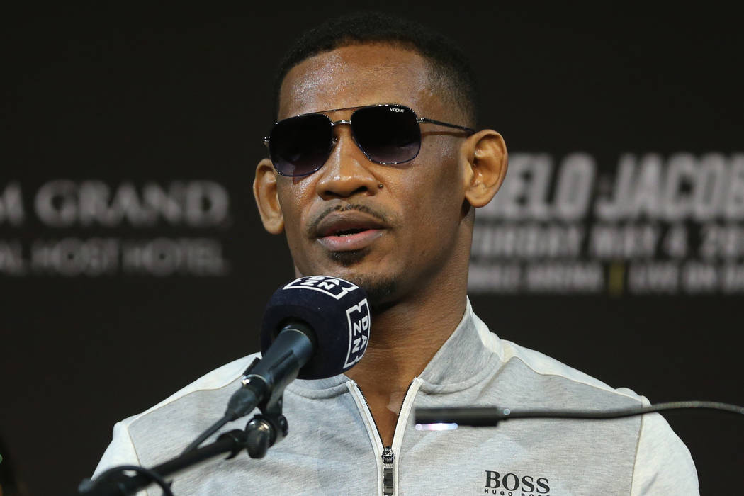 Daniel Jacobs speaks during a press conference at MGM Grand hotel-casino in Las Vegas, Wednesda ...