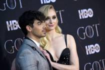 In this April 3, 2019 file photo, Joe Jonas, left, and Sophie Turner attend HBO's "Game of Thro ...