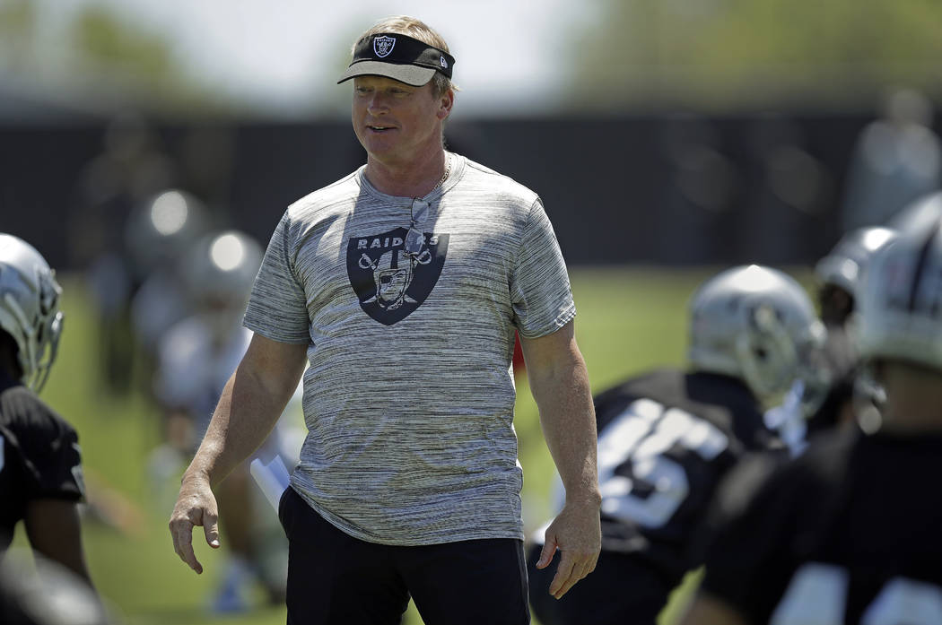 Oakland Raiders coach Jon Gruden watches during NFL football practice on Friday, May 3, 2019, a ...