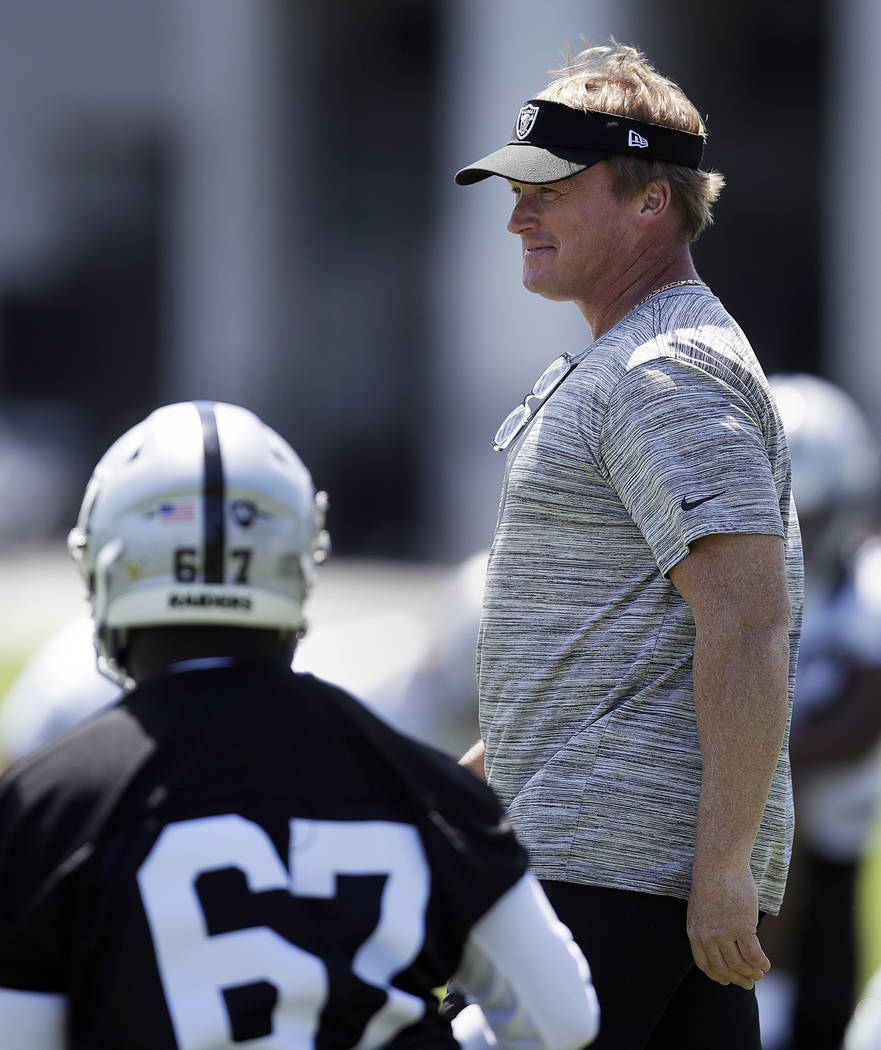 Oakland Raiders coach Jon Gruden watches NFL football practice Friday, May 3, 2019, at the team ...