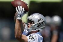 Oakland Raiders wide receiver Hunter Renfrow makes a reception during NFL football practice on ...