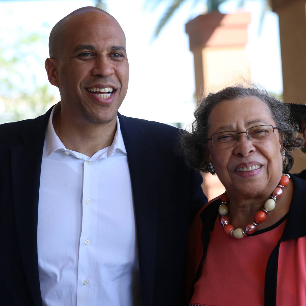 Democratic presidential candidate Sen. Cory Booker, D-N.J., left, with his mother Carolyn, take ...