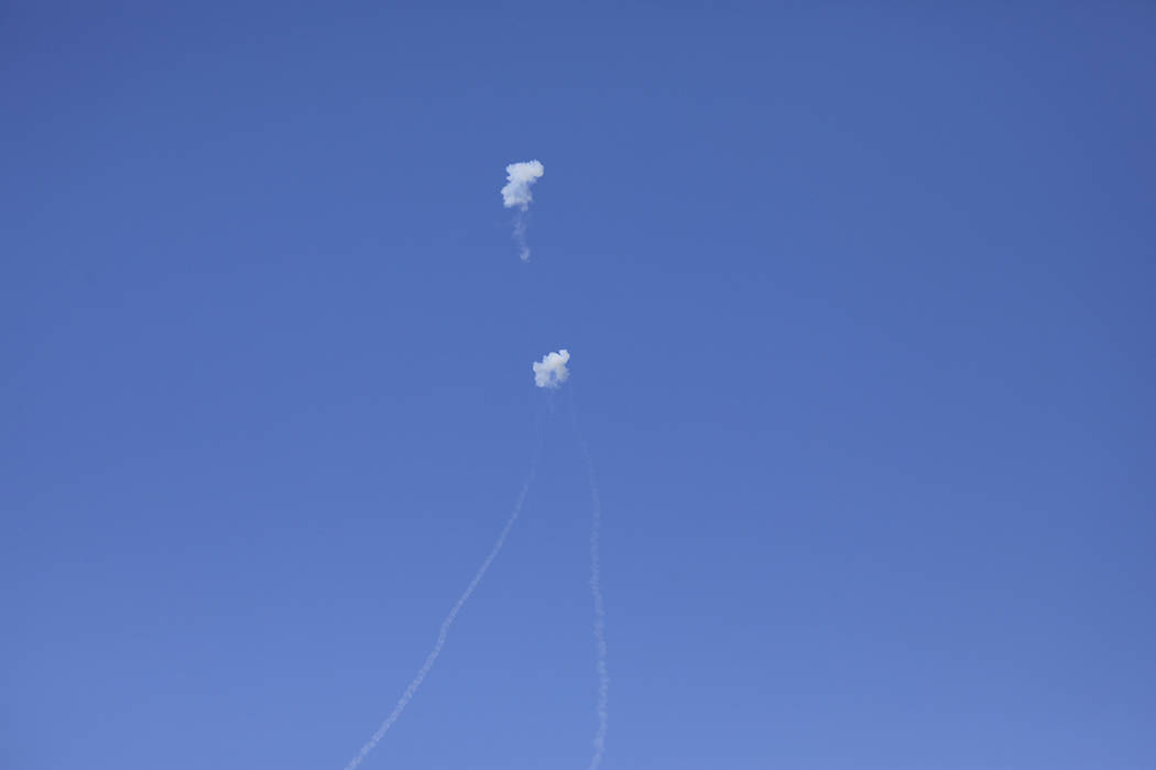 Israeli air defense system Iron Dome takes out rockets fired from Gaza near the town of Ashkelo ...