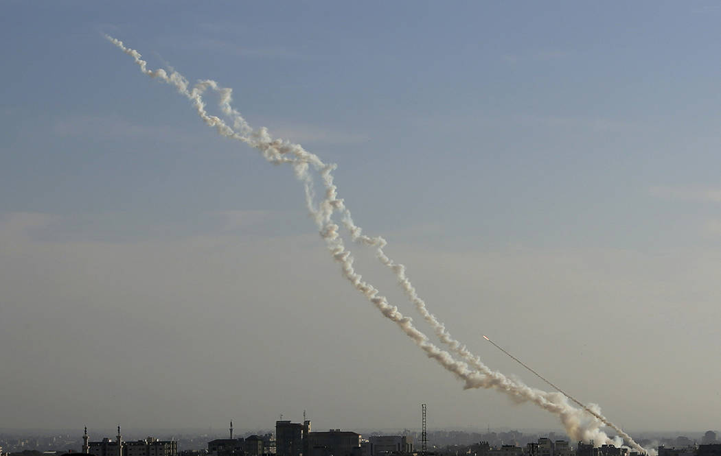 Palestinian rockets fire toward the Israeli areas from Gaza Strip, Saturday, May 4, 2019. Pales ...