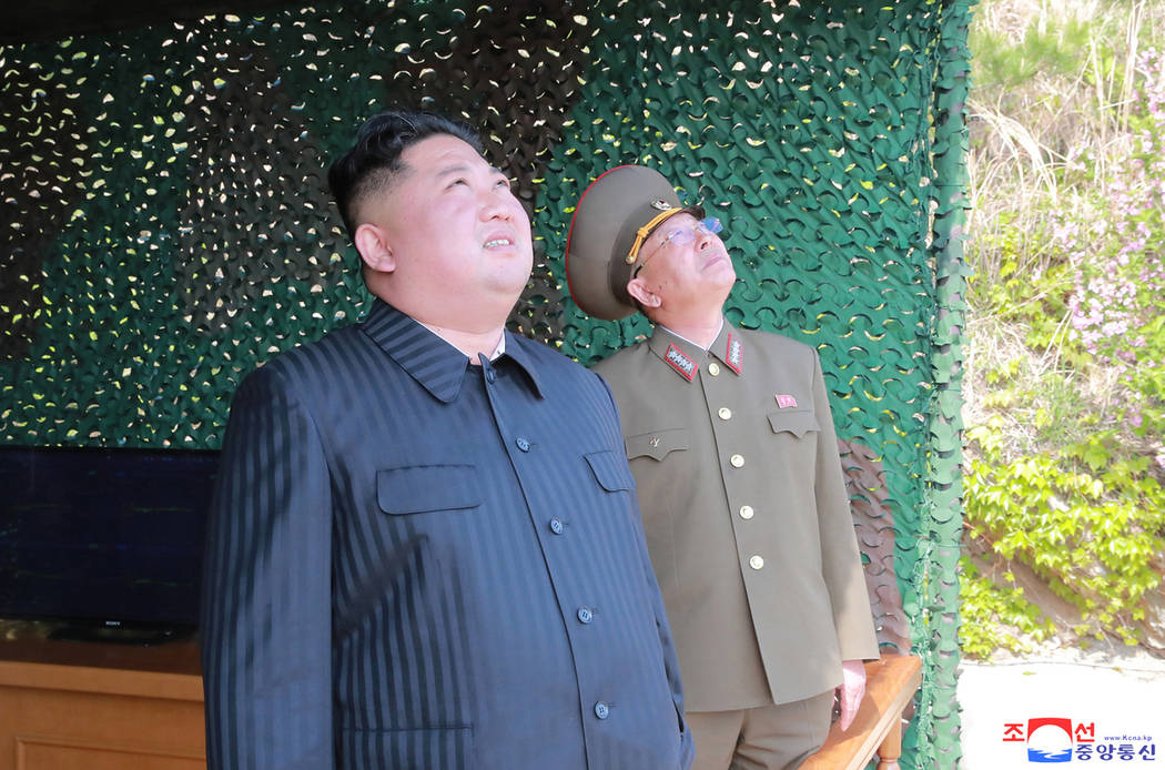 This Saturday, May 4, 2019, photo provided on Sunday, May 5, 2019, by the North Korean governme ...