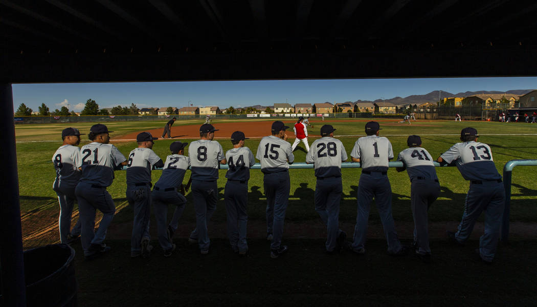 Spring Valley players support their teammates from the bench versus Liberty during the first ro ...
