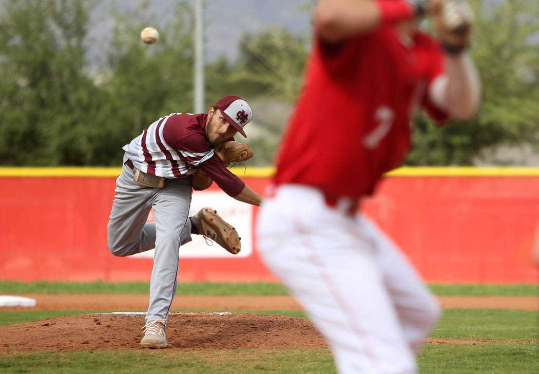 Cimarron-Memorial's Zach Culver throws to Arbor View's Garrett Cutting (7) in the second round ...