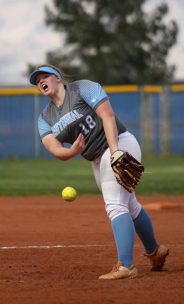Centennial High School's Amanda Sink (18) throws a pitch against Shadow Ridge High School in th ...
