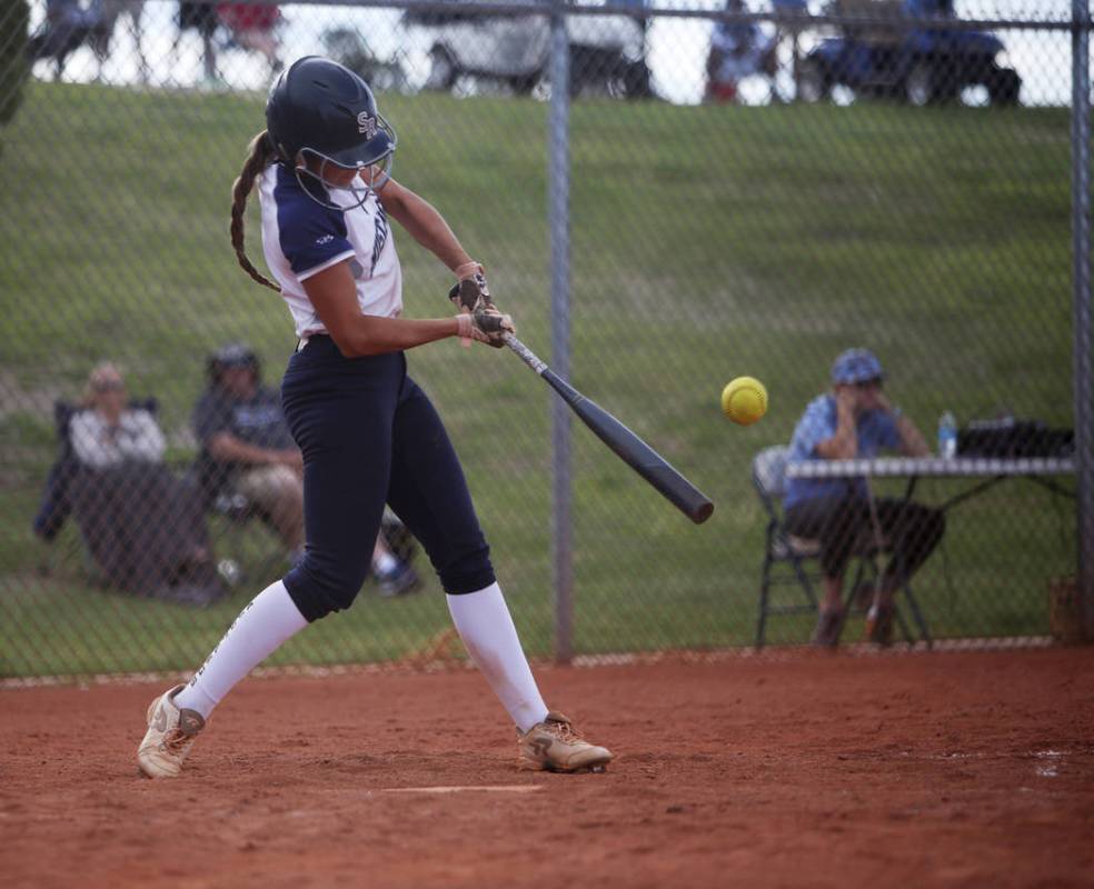 Shadow Ridge High School's Taylor Hendricks (5) bats against Centennial High School in the moun ...
