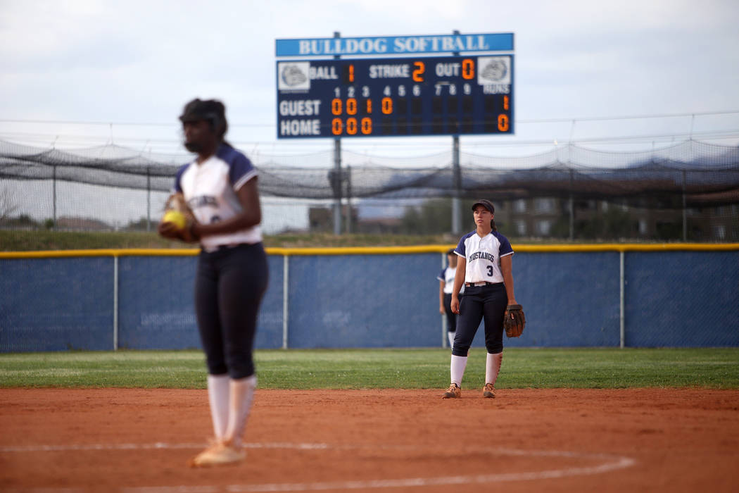 Shadow Ridge High School's Caitlin Covington (3) waits for the pitcher Jasmine Martin (8) to wi ...