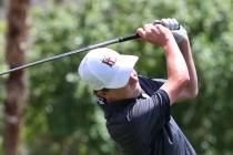 Faith Lutheran's Colton Cherry watches his drive during the Nevada State High School Regional G ...