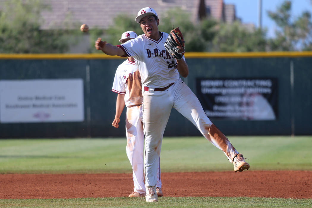 Desert Oasis' Aaron Roberts (25) throws to first base for an out and to end the game against Ba ...