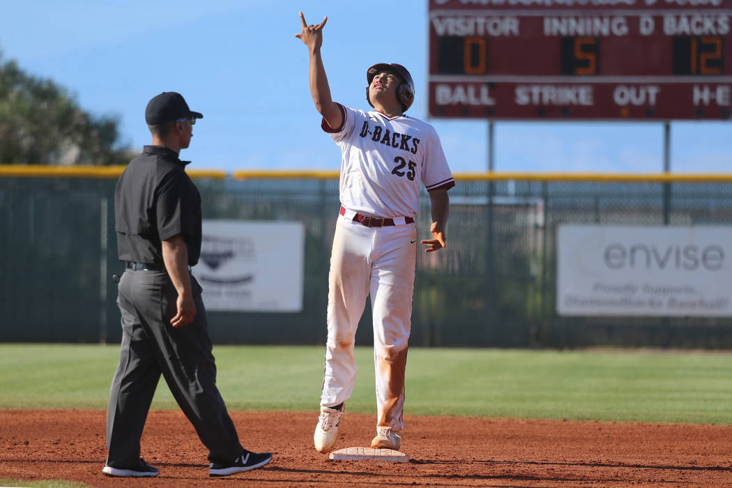 Desert Oasis' Aaron Roberts (25) reacts after hitting a double for a single RBI against Basic i ...