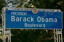 A newly unveiled Obama Boulevard sign is seen in Los Angeles, Saturday, May 4, 2019. A stretch ...