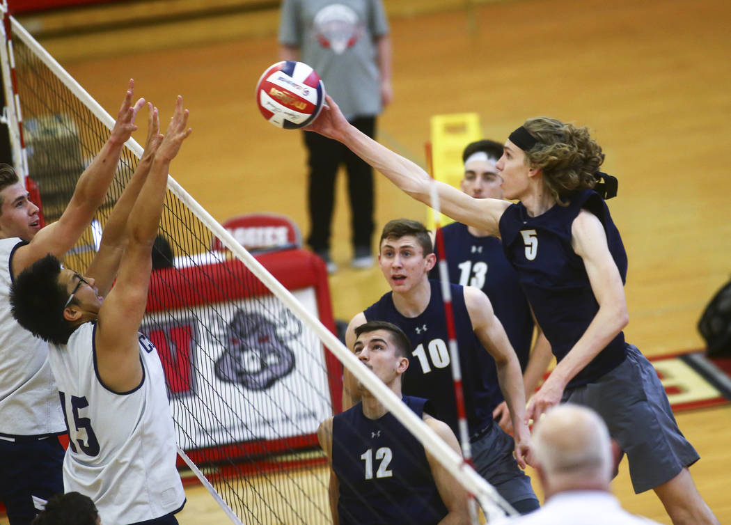 Foothill's Brock Weaver (5) sends the ball past Coronado's Justin Fan (15) during the Desert Re ...