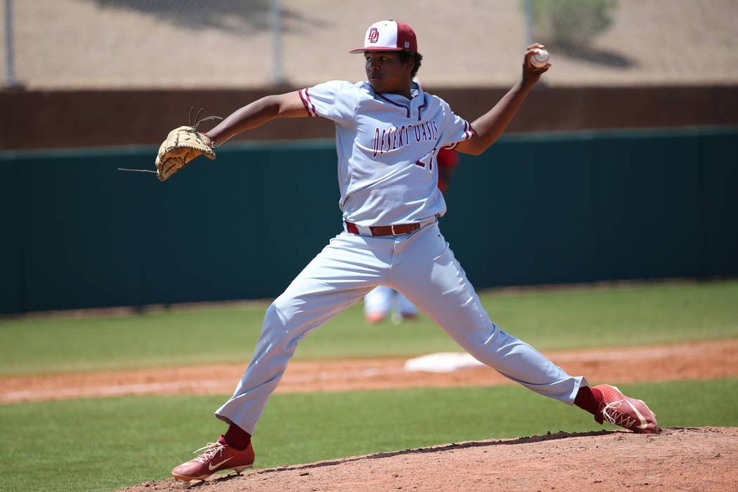 Desert Oasis' Jacob Walsh (21) pitches against Las Vegas in the Southern Nevada championship ga ...