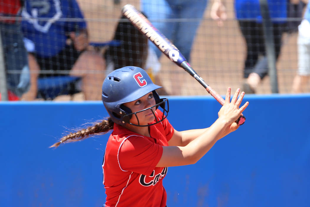 Coronado's Madison Stephens (8) hits a solo homer against Shadow Ridge in the Southern Nevada c ...