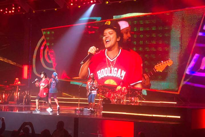 Bruno Mars performs on the Las Vegas Strip on Sunday, Dec. 30, 2018. (John Katsilometes/Las Veg ...